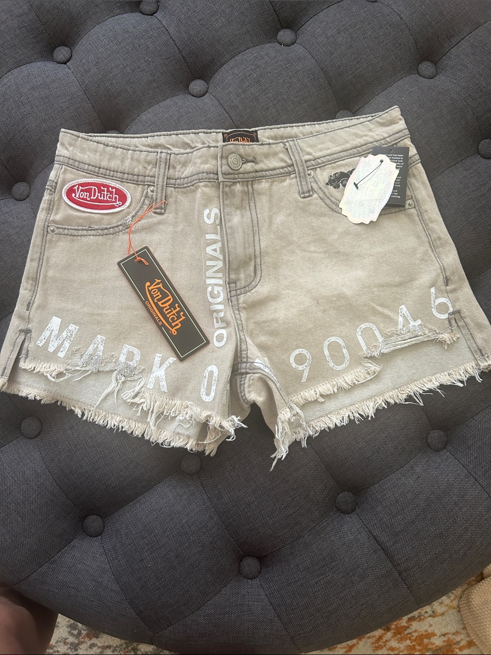 Von Dutch Beige Distressed Denim Shorts with White Print